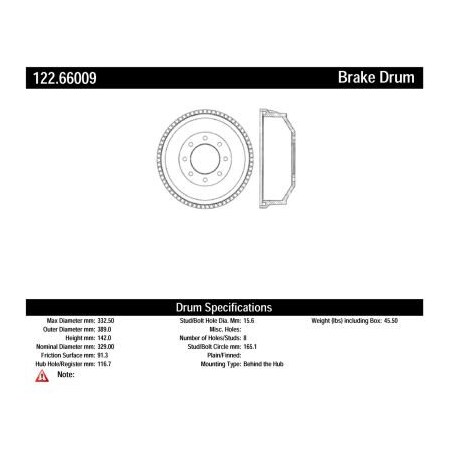 Centric Centric Premium Brake Drum, Centric Parts 122.66009 122.66009